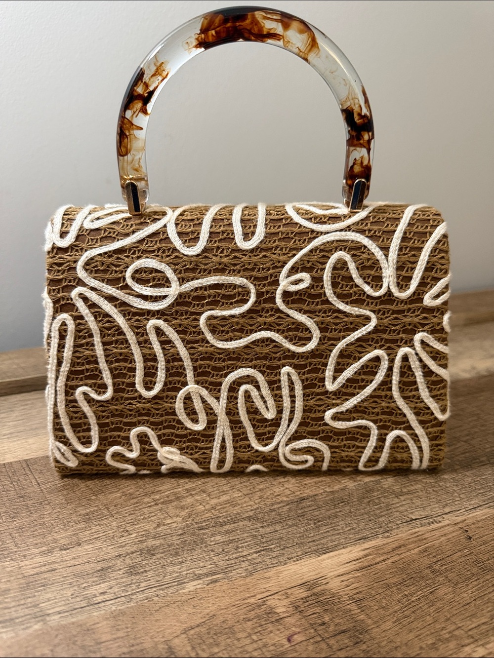 HAUTE HIPPIE Woven Floral Appliqué Top-Handle Bag in Brown w White Trim - Picture 3 of 6